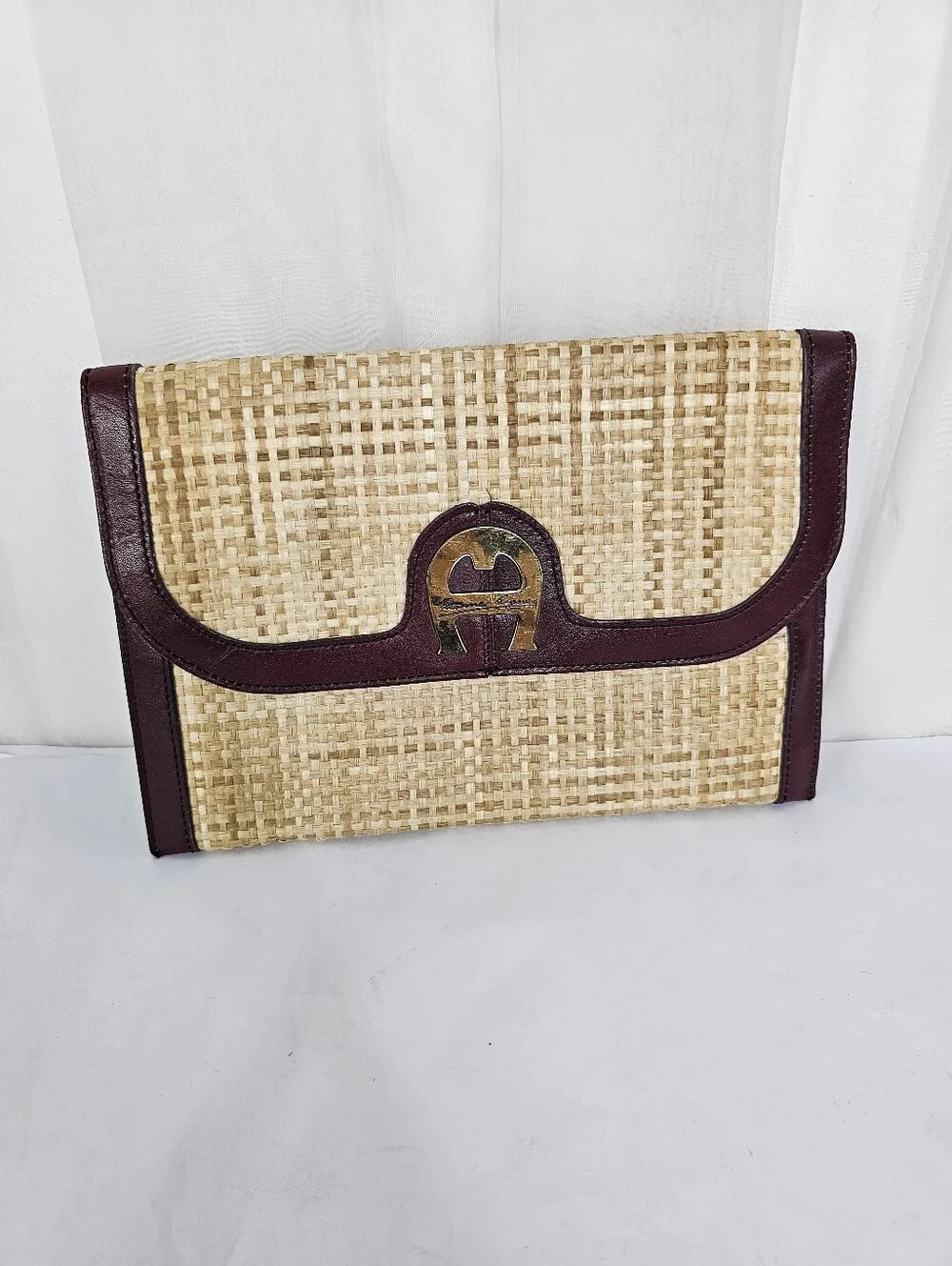 Etienne Aigner Woven Straw Clutch with Burgundy Leather Trim Vintage